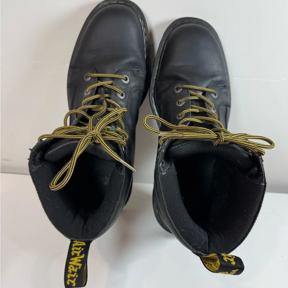 Dr. Martens Black Leather Lace-Up Combat Boots with Yellow Accents
